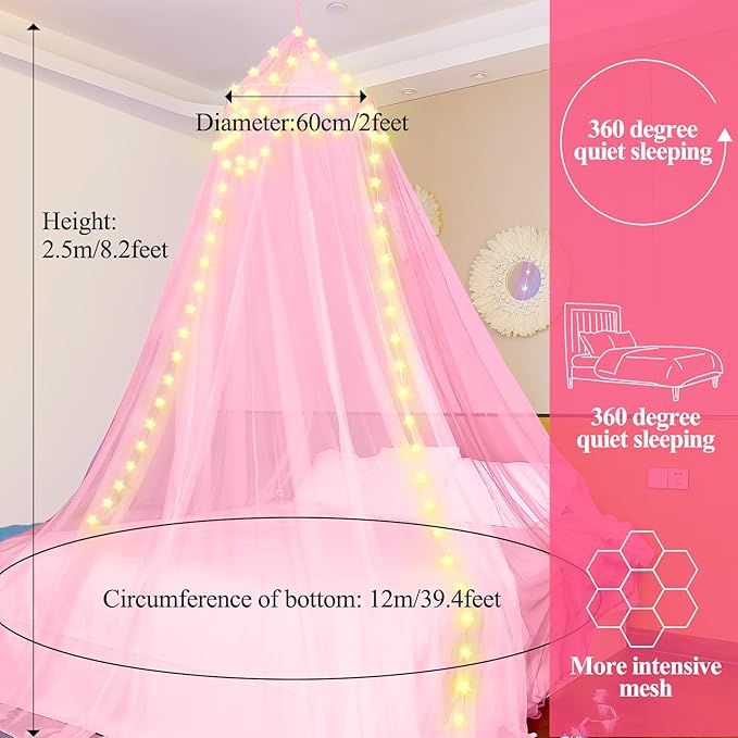 Lovelite Bed Canopy for Girls, Pink Canopy Bed Curtain with Warm White Star String Lights Remote Control, Dome Princess Canopy for Girls Room Twin Full Queen King Bed Decor