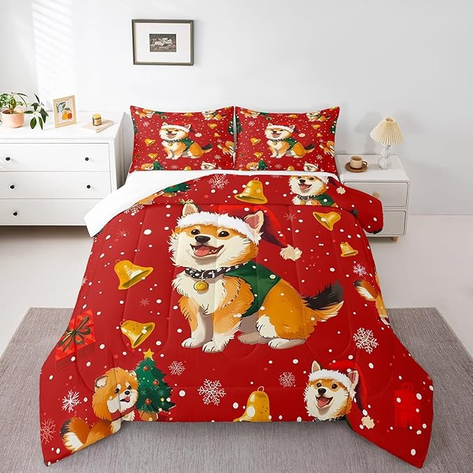 Cartoon Dog Comforter Set Twin Size,Bell Christmas Tree Star Snowflake Bedding Set for Kids Boys Girls Room Decor,Cute Corgi Xmas Theme Quilt Set 2Pcs,Merry Christmas Red Duvet Insert,1 Pillowcase