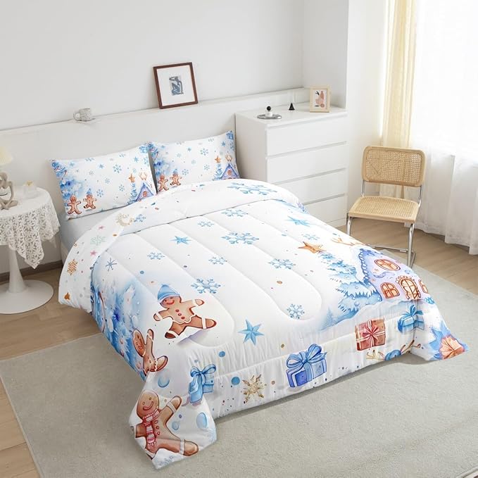 jejeloiu Kids Christmas Theme Comforter Set Queen Size Blue Xmas Gingerbread Man Bedding Set for Boys Girls Teens Candy House Snowflake Winter Happy New Year Duvet Quilt Room Decor