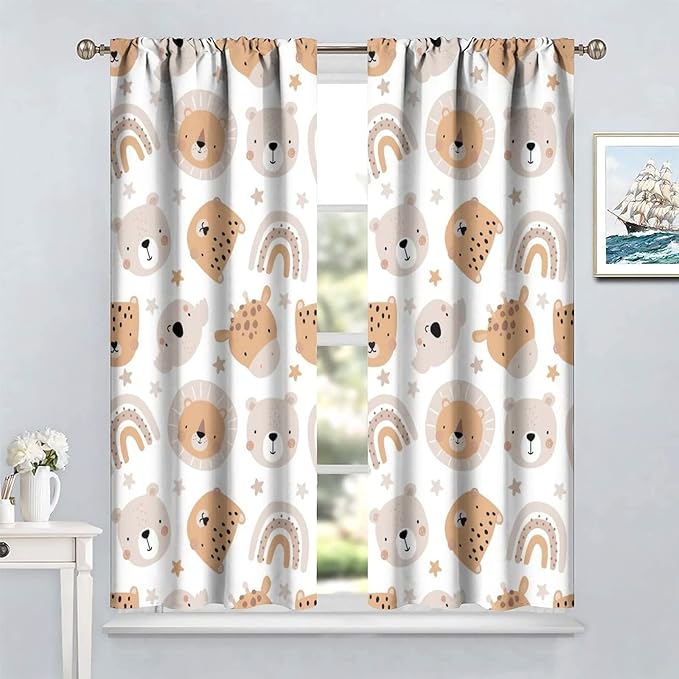 Cartoon Boho Animal Curtains,Funny Forest Safari Print,Cute African Wildlife Koala Giraffe Lion Leopard Bear Rainbow Blackout Window Drapes for Boys Girls Kids Baby Child Bedroom 63x72in