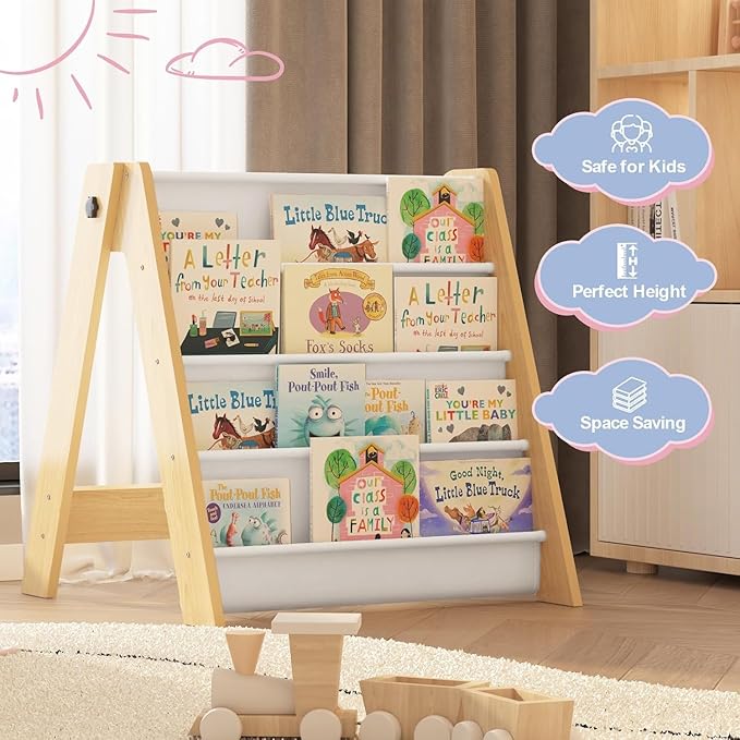 NACHES Montessori Kids Bookshelf Fabric Sling Pockets – Front Facing Toddler Book Display and Toy Storage Organizer for Nursery Playroom or Bedroom 23" Wide (Burlywood, Small)