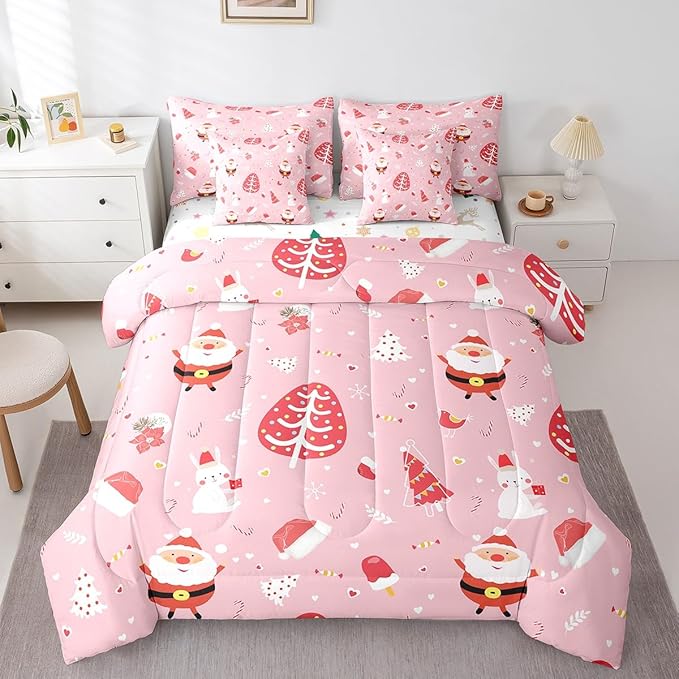 Santa Claus Bed in a Bag Cute Rabbit Kawaii Pink Comforter Set with Sheets for Kids Boys Girls Decor Merry Christmas Bed Set Girly Pink Bedding Set Bedroom Collection Full Size