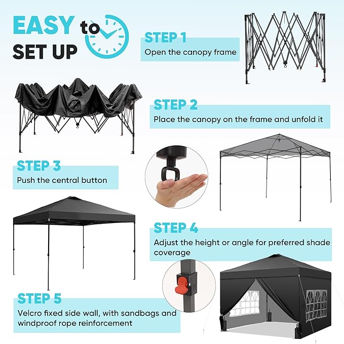 GDY 10x10 Pop Up Canopy Tent with 4 Sidewalls, Easy Set up with One Push Lift Outdoor Silver Coated Beach Gazebos, Carpas with 4 Sandbags, for Pool, Events, Parties, and Camping, Black.