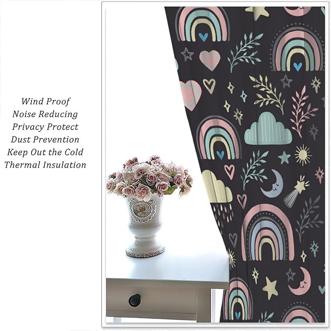 Boho Rainbow Curtains for Kids Nursery Colorful Floral Sun Star Clouds Pastel Bohemian Pattern Print Window Drapes for Girl Bedroom Living Room Kitchen Decor,2 Panel Set,72Wx63H Inch Blackout