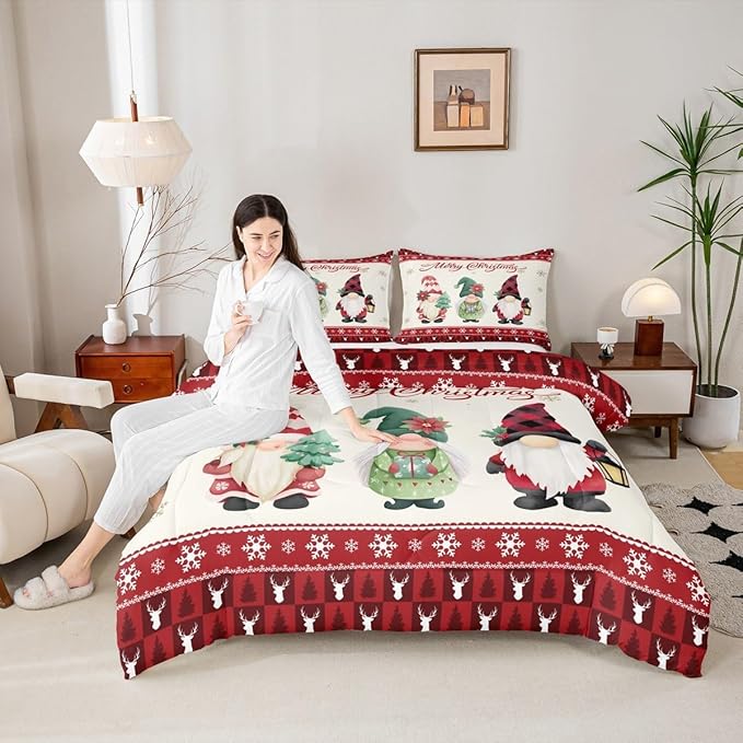 Merry Christmas Kids Comforter Set King Size,Deer Antler Santa Claus Bedding,Girls Boys Adults Bedroom/Xmas Cabin Decor,Snowflake Pine Trees Plaid Down Comforter,Rustic Duvet Insert,2 Pillowcases