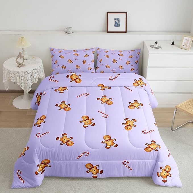 jejeloiu Kids Cute Gingerbread Man Comforter Set Queen Size Christmas Theme Bedding Set for Boys Girls Teens Xmas Candy Cane Happy New Year Purple Duvet Quilt Room Decor