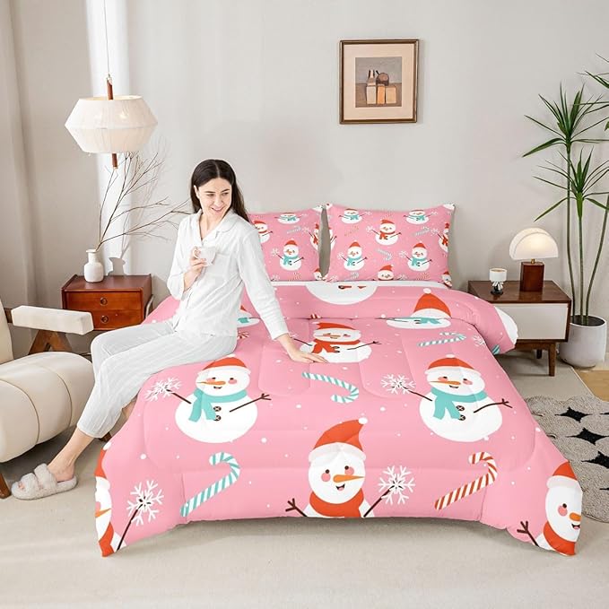 Feelyou Pink Christmas Bedding Set Soft for Boys Girls, Snowman Comforter Set Full Size Snowflake Duvet Quilt Microfiber Candy Cane Bedroom Decor 3 Pcs with 2 Pillow Cases