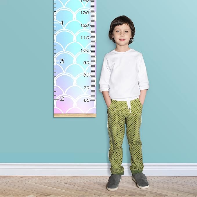 Personalized Kids Name Growth Chart Ruler for Wall Wood Frame Height Measure Chart 13.4x56 in Linen Hanging Height Growth Chart Rainbow Mermaid Kids Room Decor