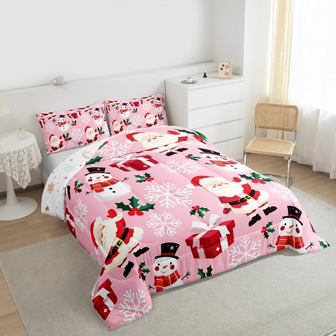 jejeloiu Merry Christmas Comforter Set Twin Size Xmas Santa Claus Bedding Set for Kids Boys Girls Cute Snowman Duvet Quilt Pink Bedroom Decor