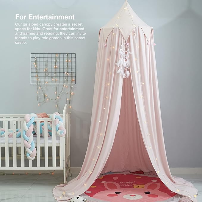 Bed Canopy for Girls, Round Dome Hanging Canopy for Baby Brib Kids Bed Room Decor Reading Nook Indoor Outdoor Playing Castle (Light Pink)