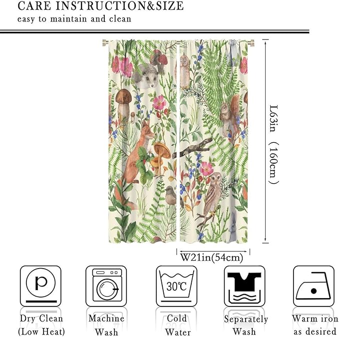 Forest Animal Curtains, Kids Rustic Wild Animal Window Treatments Watercolor Cute Woodland Fox Hedgehog Window Drapes for Nursery Toddler Bedroom 42x63in