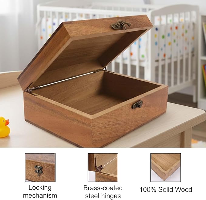 Personalized Baby Memory Pine/Walnut Wooden Box for Keepaske, 10*8*3.5in Large Pine Boxes Custom Newborn Gifts Engraved Wood Box with Lid, Baby Shower Gifts for Boys Girls Keepsake Storage Boxes