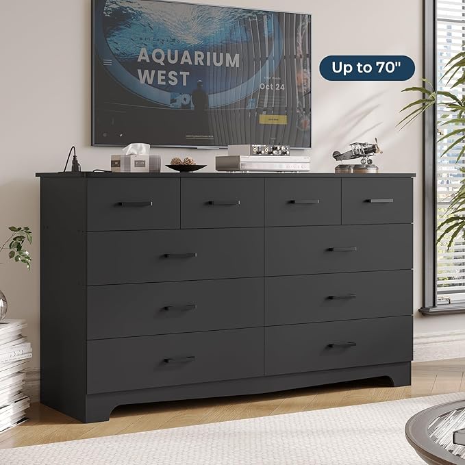 DICTAC Black Dresser for Bedroom with 10 Drawers, Large Chest of Drawers Storage Organizer, Long Dresser TV Stand with Power Outlets, Wide Dressers for Bedroom, Living Room 55.1" W x 32.3" H x 15.8" D