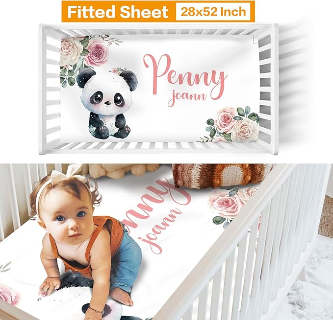 Custom Crib Bedding Set - Panda Design Personalized Name Baby Nursery Bedding 3 Pcs Set - Chic Soft Blanket, Sheet, Pillowcase for Newborns Boys Girls Gifts Color14