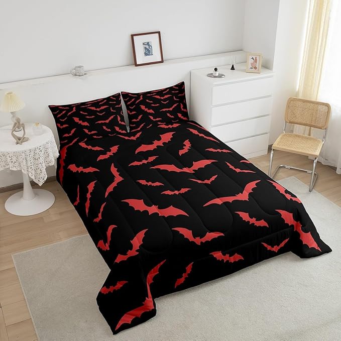 Erosebridal Bat Bedding Set Halloween Comforter Set with 2 Pillow Cases Red Bats Animals Quilt Queen Size for Kids Boys Bedroom Holiday Gothic Spooky Style Quilt