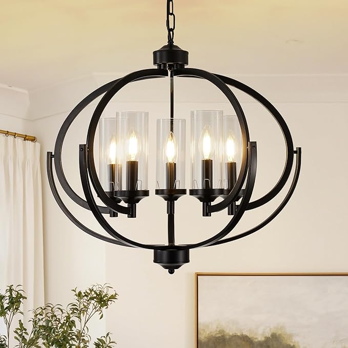 WJShome Farmhouse Black Chandelier for Dining Room, 5-Light Modern Foyer Lighting Fixtures, Adjustable Height Hanging Lantern Pendant Light with Glass Shade, for Kitchen Island Hallway Entryway