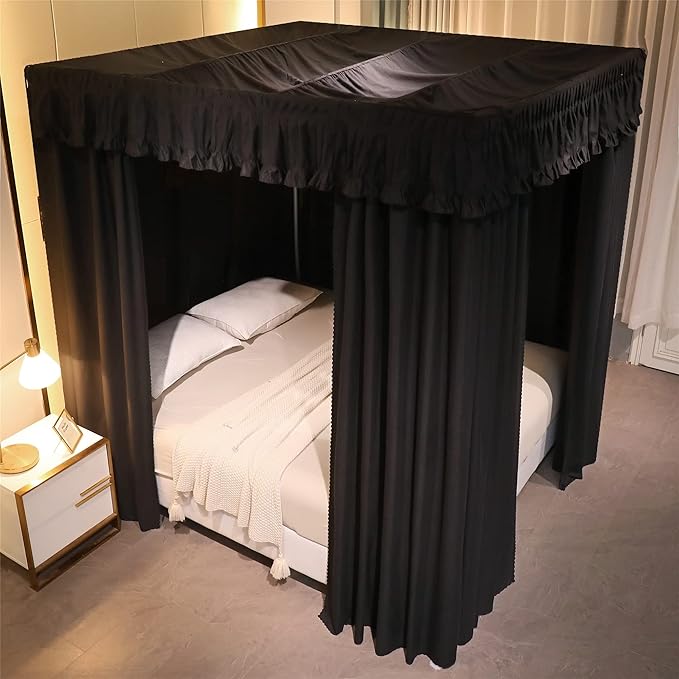 VETHIN Elastic Roof Style Four Corner Post Princess Bed Canopy Curtains Cozy Breathable Tent Canopy Mosquito Net for Girls & Adults Bedroom Decoration (Black, 70-78" W*86" L*82"*H/(King))