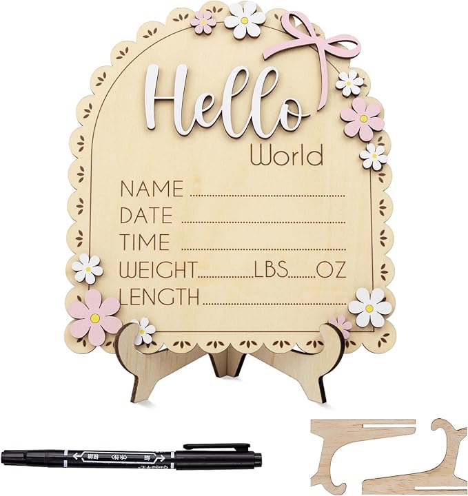 Baby Announcement Sign with Stand & Marker – Hello World Wooden Name Plaque for Newborn Photoshoot, Baby Shower, Rustic Keepsake Birth Stat Sign for Hospital Birth Announcement (Daisy)