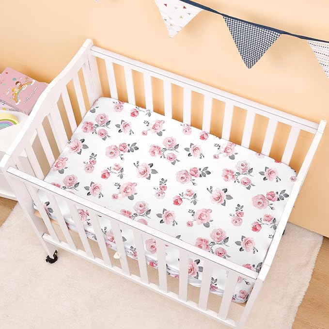 PHF 3 Pack Soft Mini Crib Sheets, Rose Floral Silky Pack N Play Sheets for Baby Boys Girls, Universal Fit for Pack N Play, Playard, Portable and Mini Crib Mattresses, Pink Floral