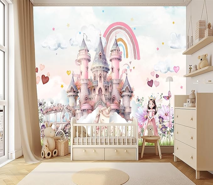 XMPMBM-Pink Cartoon Citadel Nursery Room Fabric Wallpaper Girls Bedroom Wall Mural-W 154" X H 105"（112 Square Foot）
