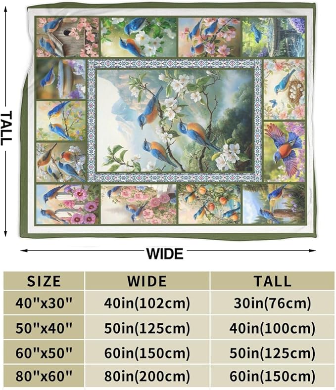 Blue Hummingbirds Blanket Moutain Flowers Bird Throw Blankets Gifts for Girls Boys Women Cozy Warm Soft Fuzzy Flannel Throw Plush Stuffed Animal Fleece Gifts for Kids Men Women for Sofa Bed 50" x40"