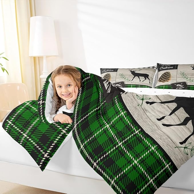 Deer Silhouette Kids Comforter Set Twin Size,Old Plank Leaves Bedding,Girls Boys Adults Bedroom/Xmas Cabin Decor,Geometric Grid Plaid Retro Down Comforter,Rustic Farmhouse Duvet Insert,1 Pillowcase