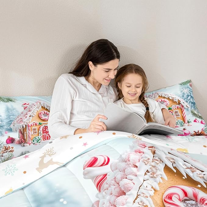 Feelyou Christmas Snowscape House Landscape Bedding Set Soft for Boys Girls,Gingerbread House Comforter Set Full Size Candy Canes Duvet Quilt Pine Branches Bedroom Decor 3 Pcs with 2 Pillow Cases