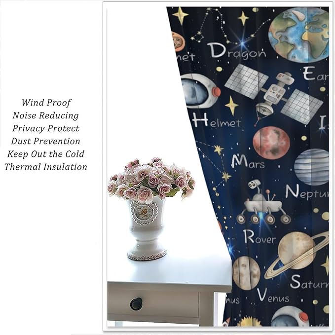 Cartoon Kids Alphabet Astronaut Curtain，Retro Cute Cosmic Galaxy Letter Printed Rod Pocket Blackout Window Treatments for Boys Girls Bedroom Living Room School 63" W X 72" L