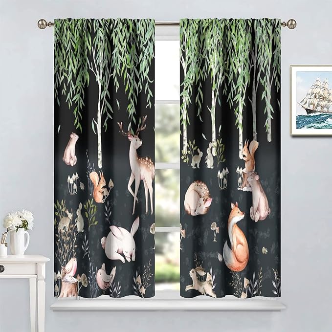 Forest Animal Curtains, Watercolor Cartoon Woodland Plants Animals Bears Moose Mushrooms Printed Curtains for Kids Boys and Girls Bedroom Window Drapes 84x84in