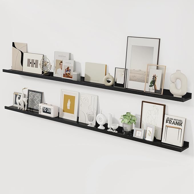 Picture Ledge Shelf, 72 inch Solid Ash Wood Floating Shelves Set of 2, Picture Ledge Ledge Wall Mounted for Living Room Kids' Room Bedroom, Color Black
