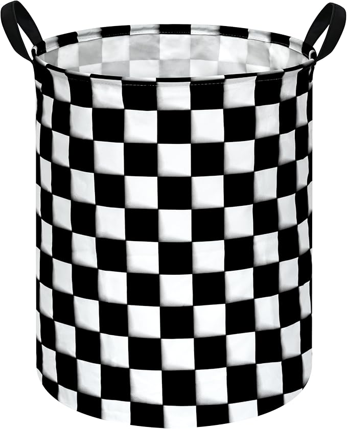 KUNRO Round Black-white Checker Laundry Basket Hamper Kids Toys and Clothes Storage Basket Children Gift Basket Baby Toy Organizer Bins for Room Decor