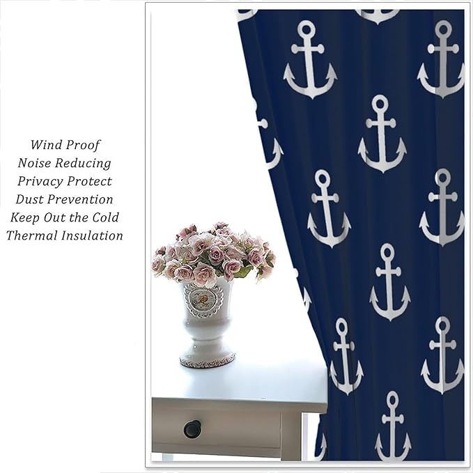 Nautical Costal Curtains,MarineThemed Oceanic Anchor Pattern Blackout Print Home Bedroom Living Room Window Treatments 2 Panel Set 84x84 Inch