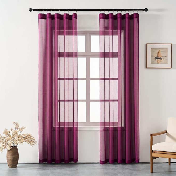 Plum Purple Curtains Sheer 84 Inches Long, Dark Linen Look Textured Light Filtering Drapes Decor, Rustic Eggplant Transparent Window Treatments, Pinch Pleat Curtain with Hooks