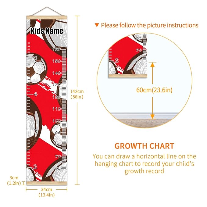 Personalized Kids Name Growth Chart Ruler for Wall Wood Frame Height Measure Chart 13.4x56 in Linen Hanging Height Growth Chart Football Soccer Red Kids Room Decor