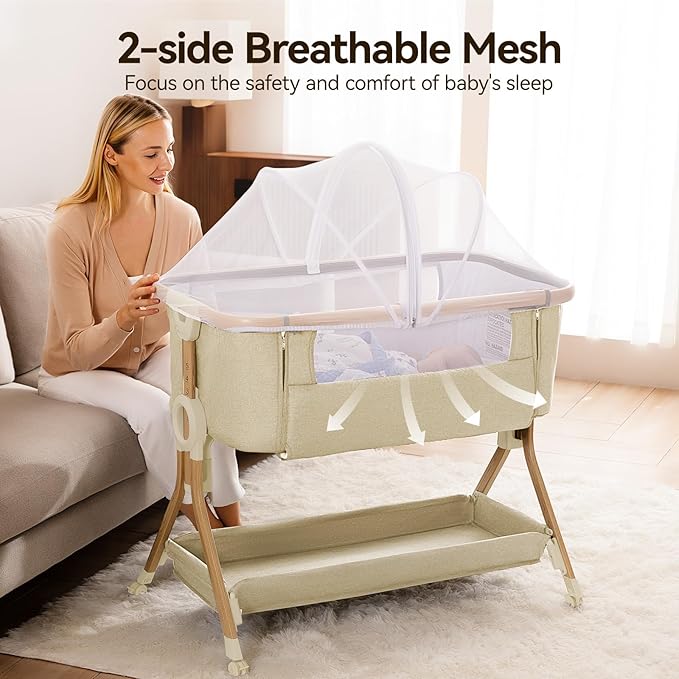 Larex Baby Bassinet, Baby Bassinet Bedside Sleeper with Storage Basket and Wheels, Height Adjustable Portable Crib for Newborn Infant, Easy Assemble and Folding(Khaki)