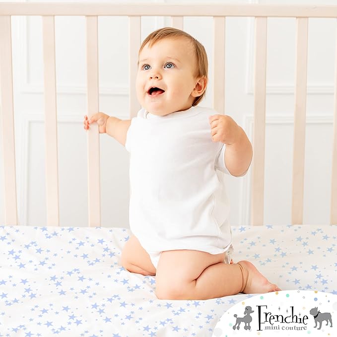 Frenchie Mini Couture Fitted Crib Sheets 100% Cotton, Fits Toddler Mattress, Blue Stars, 28 x 52in, 2-Pack