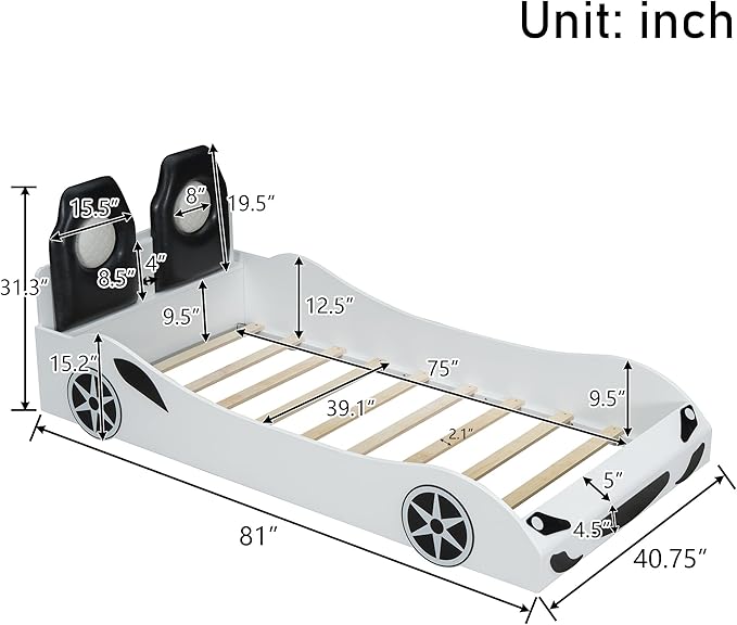 Twin Size Race Car-Shaped Platform Bed with LED and Upholstered Backrest, Solid Wood Upholstered Car Bed Frame with 2 Seats for Kids Boys Girls Bedroom (White-31U)