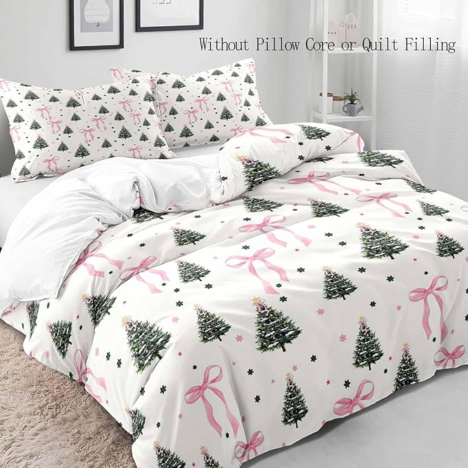 LUVIVIHOME 3PCS Pink Bow Christmas Tree Duvet Cover King Bedding Set, White Duvet Cover, Teen Girls Bedding, Winter Holiday Christmas Comforter Cover, Coquette Room Decor Aesthetic, 2 Pillow Shams