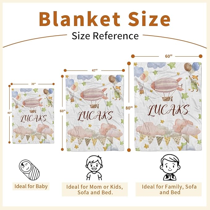 Personalized Baby Blanket for Girls, Custom Name Blanket for Newborn New Mom , Soft Flannel with Double Layer Dotted Backing, Gifts for Baby Shower Christmas Birthday, Hot Air Balloons(47"x60)