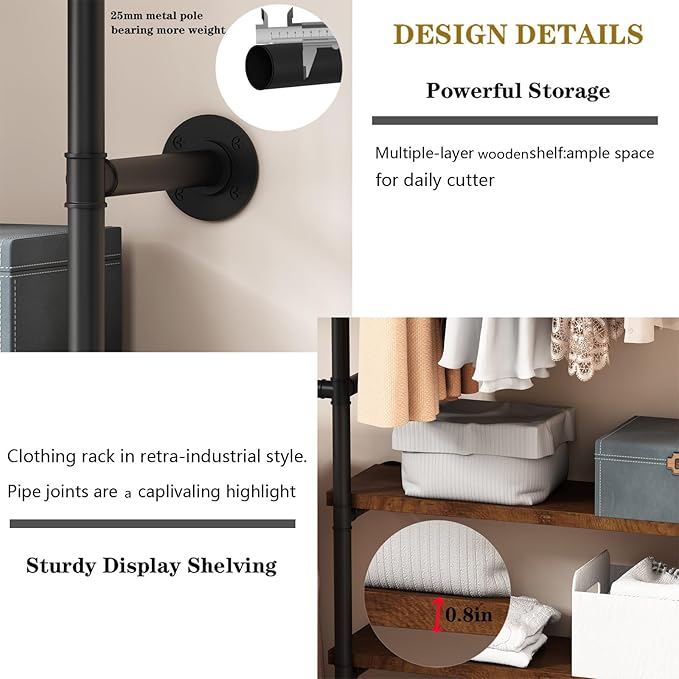 Industrial Pipe Clothing Rack, Wall Mounted Clothes Rack, Heavy Duty Closet Organizers Wardrobe Multi-Purpose Storage Clothes Hanging Shelf-94.5''L Black