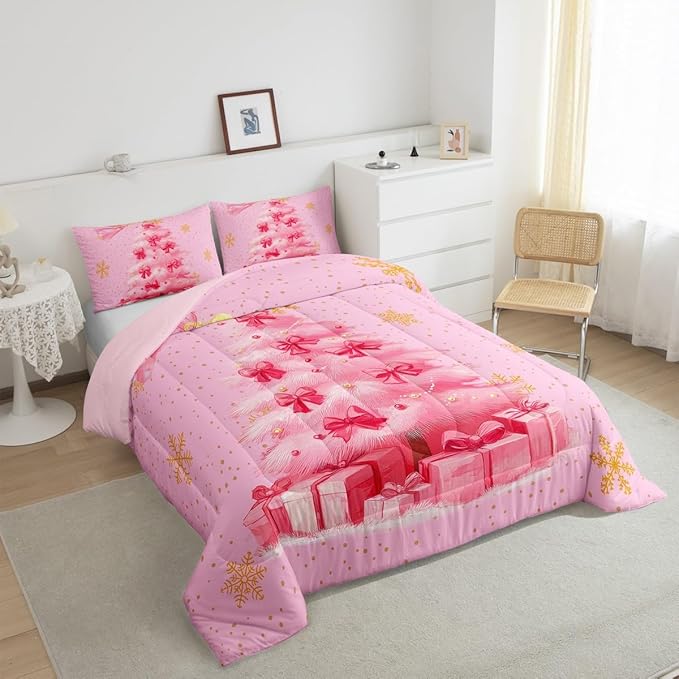 Erosebridal Xmas Tree Queen Bedding Sets Merry Christmas Queen Comforter Set for Kids Boys Girls Teens Snowflake Decorations Down Comforter Princess Bow Pink Decor Duvet Insert