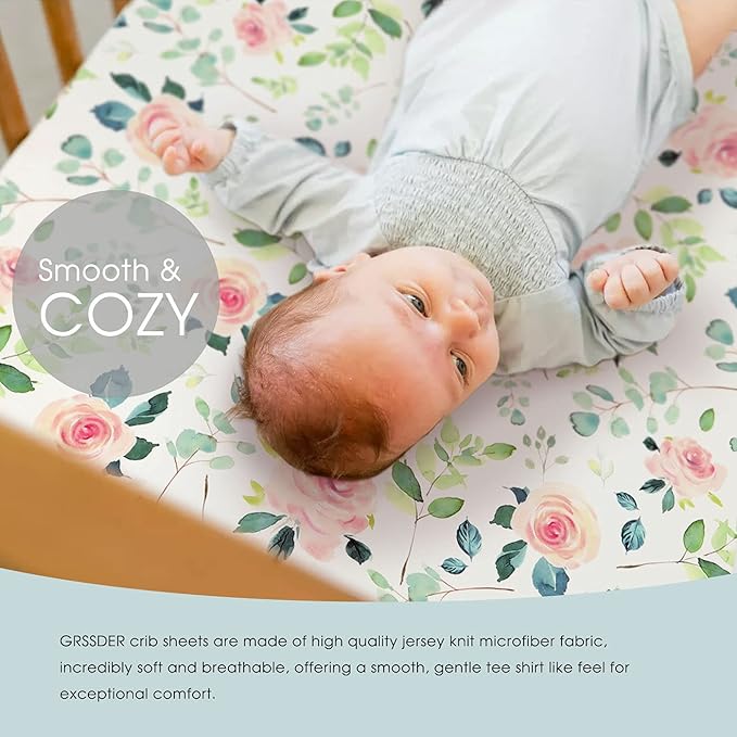 GRSSDER Stretchy Ultra Soft Jersey Knit Fitted Crib Sheets Set 2 Pack, Cozy Crib Sheet Girl Fits All Standard Crib Mattress Pads, Beautiful Pink Rose Print