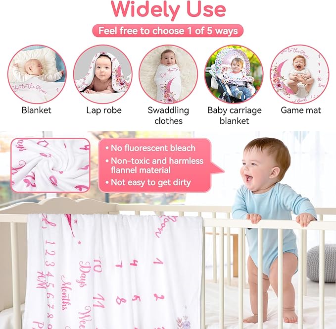 Baby Monthly Milestone Blanket, Precise Hour Moments with Knitted Hat,51”L x40”W,Recording 1 to 12 Months Moments,Thicker Extra Soft Flannel,Best Photography for Newborn,Baby Girl(Pink Flower)