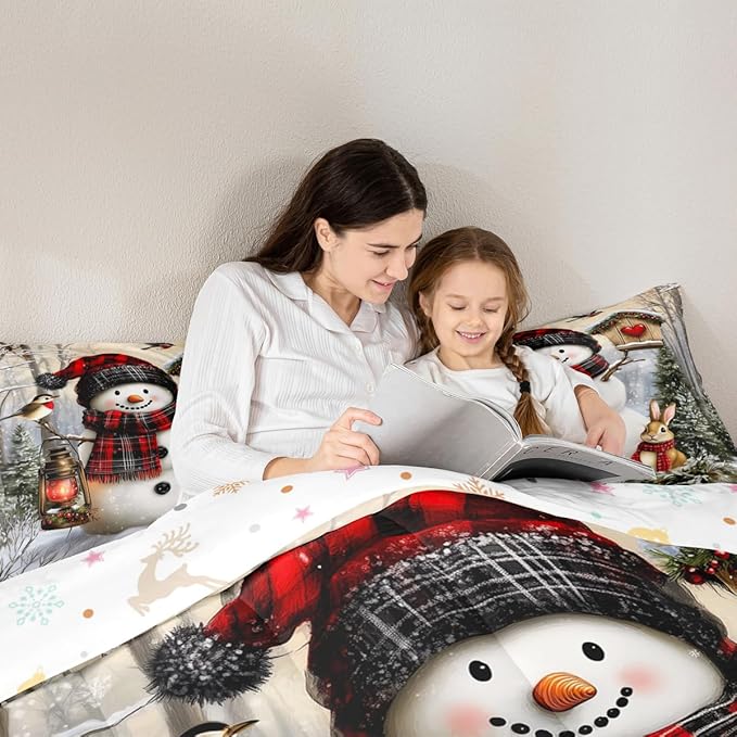Kawaii Snowman Comforter Set Full Size,Rabbit Bird Winter Poinsettia Kids Bedding Set,Pine Tree Xmas Animal Snowflake Quilt Comforter,Gray Green Duvet Insert,2 Pillowcases
