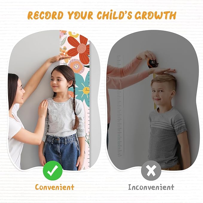 Personalized Name Growth Chart Wall Decor for Kids – Canvas Removable Height Chart Measuring Ruler 59" x 7.9" (Big Flower)
