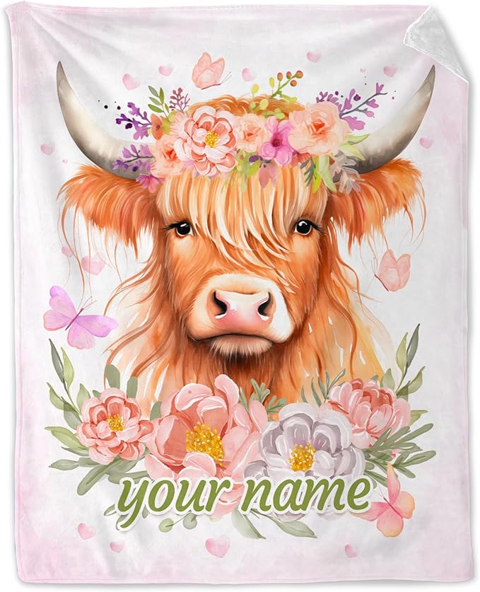 Custom Highland Cow Gifts for Women - 60" x 80" Inches Highland Cow Throw Blanket for Adults - Pink Soft Fuzzy Blankets for Sofa, Bed & Living Room