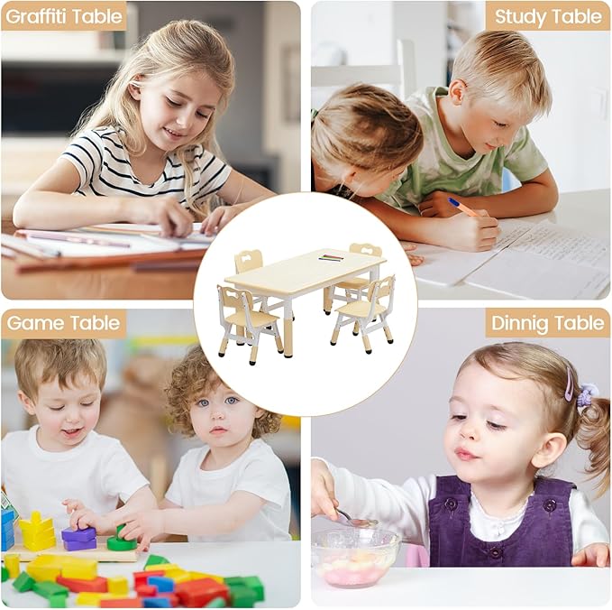 Kids Table and 4 Chairs Set, Height Adjustable Toddler Table and Chair Set for Ages 2-10, Graffiti Desktop, Non-Slip Legs, Arts & Crafts Table, Children Activity Table for Daycare Classroom Home