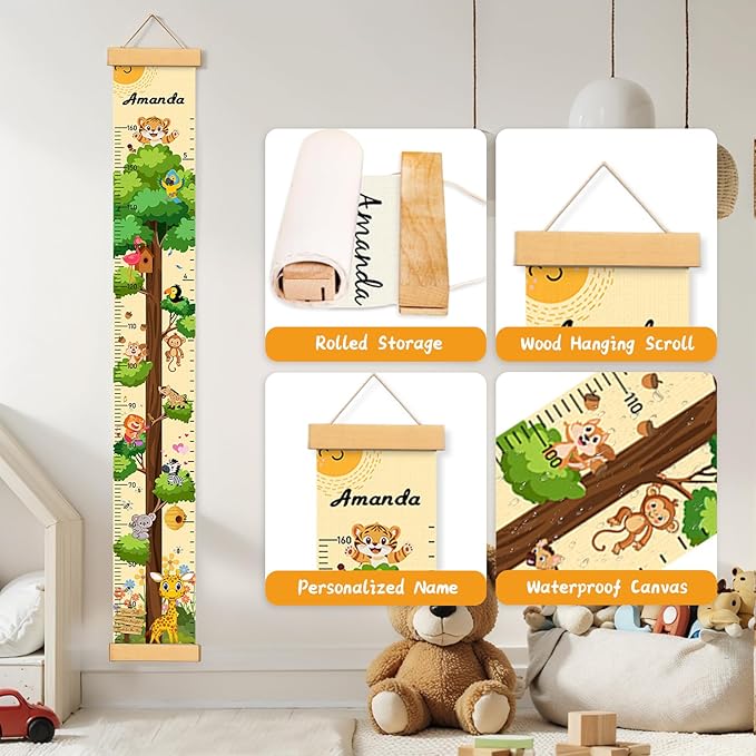 Personalized Name Growth Chart for Wall, Painted Tree Animals Canvas Height Chart for Kids Baby Child Toddler, Canvas Growth Chart for Wall Nursery Decor, Hangable & Waterproof