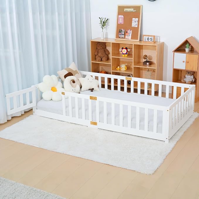 NAIZEA Twin Floor Bed for Kids-Twin Montessori Bed Frame with Wood Slats and Door and Slats, Wood Toddler Floor Beds for Girls and Boys