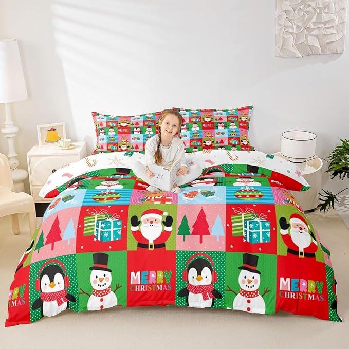 Christmas Bedding Set for Kids Boys Girls Santa Claus Christmas Tree Comforter Cover Set Colorful Geometric Grid Duvet Cover Bedroom Decor Xmas Theme Bedspread Cover Twin Size Bedding Collection 2Pcs